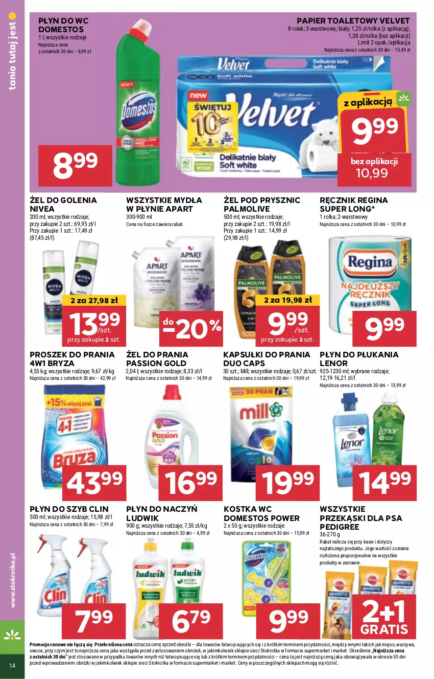 Gazetka promocyjna Stokrotka - Market - ważna 26.09 do 02.10.2024 - strona 18 - produkty: Bryza, Clin, Domestos, Gin, Gra, Kapsułki do prania, Lenor, Ludwik, Mięso, Nivea, Owoce, Palmolive, Papier, Papier toaletowy, Pedigree, Płyn do płukania, Płyn do szyb, Płyn do wc, Por, Proszek do prania, Przekąski dla psa, Ręcznik, Velvet, Warzywa