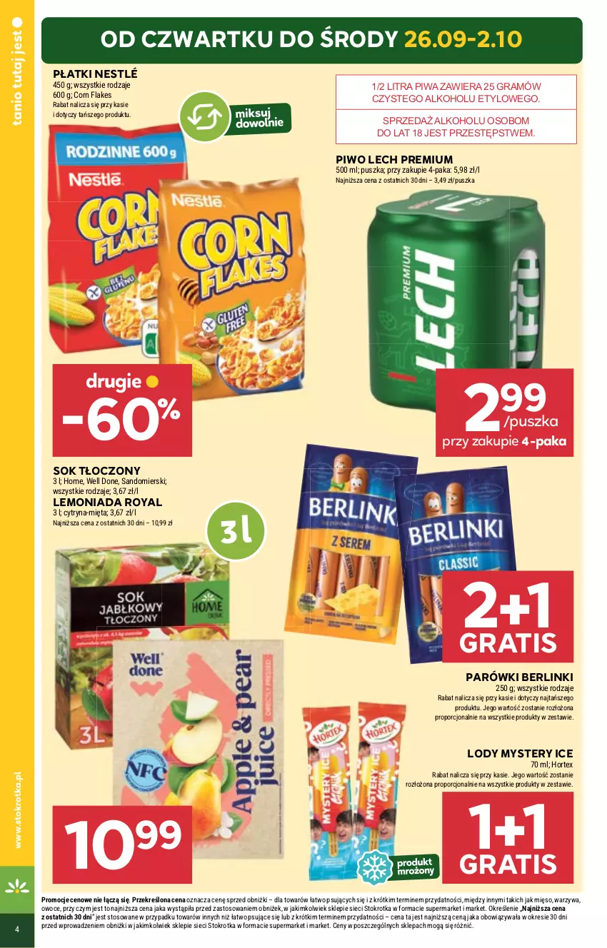 Gazetka promocyjna Stokrotka - Market - ważna 26.09 do 02.10.2024 - strona 4 - produkty: Berlinki, Corn flakes, Gra, Hortex, Lech Premium, Lemoniada, Lody, Mięso, Mięta, Nestlé, Owoce, Parówki, Piwa, Piwo, Por, Sok, Warzywa