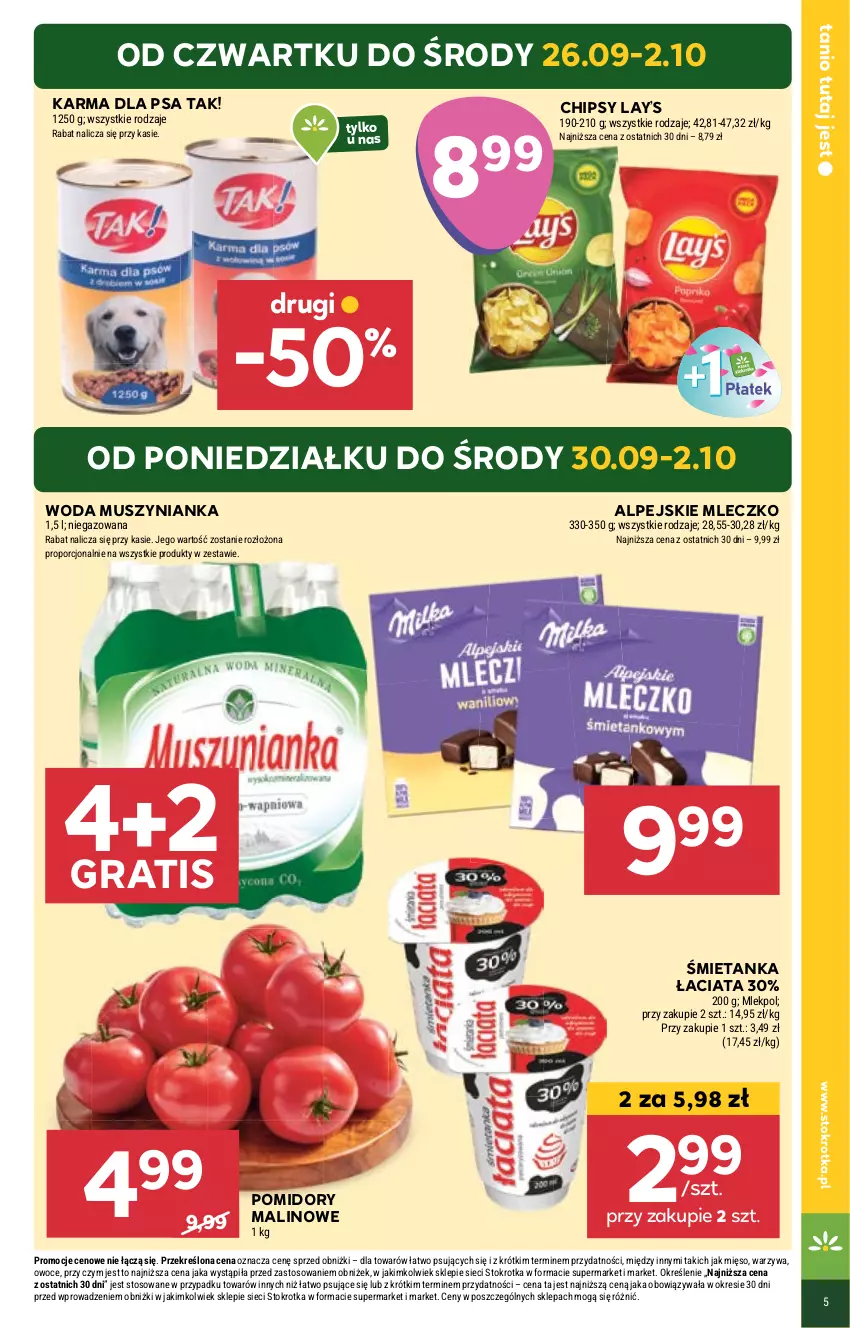 Gazetka promocyjna Stokrotka - Market - ważna 26.09 do 02.10.2024 - strona 5 - produkty: Chipsy, Gra, Lay’s, Mięso, Mleczko, Mus, Muszynianka, Owoce, Pomidory, Por, Warzywa, Woda