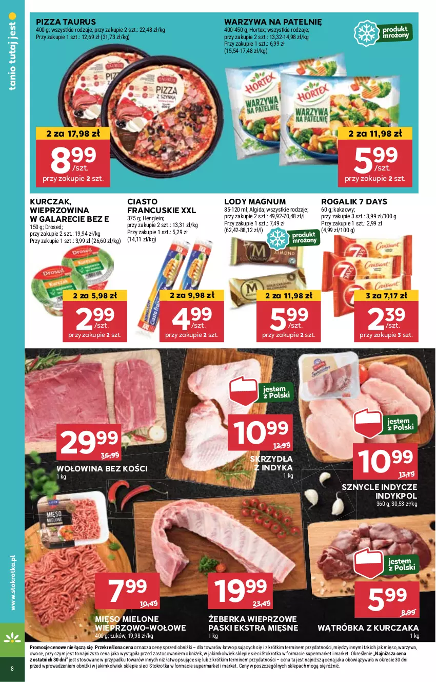 Gazetka promocyjna Stokrotka - Market - ważna 26.09 do 02.10.2024 - strona 8 - produkty: 7 Days, Algida, Ciasto francuskie, Gala, Hortex, Kakao, Kurczak, LG, Lody, Mięso, Mięso mielone, Owoce, Pizza, Rogal, Warzywa, Wieprzowina, Wołowina, Wołowina bez kości