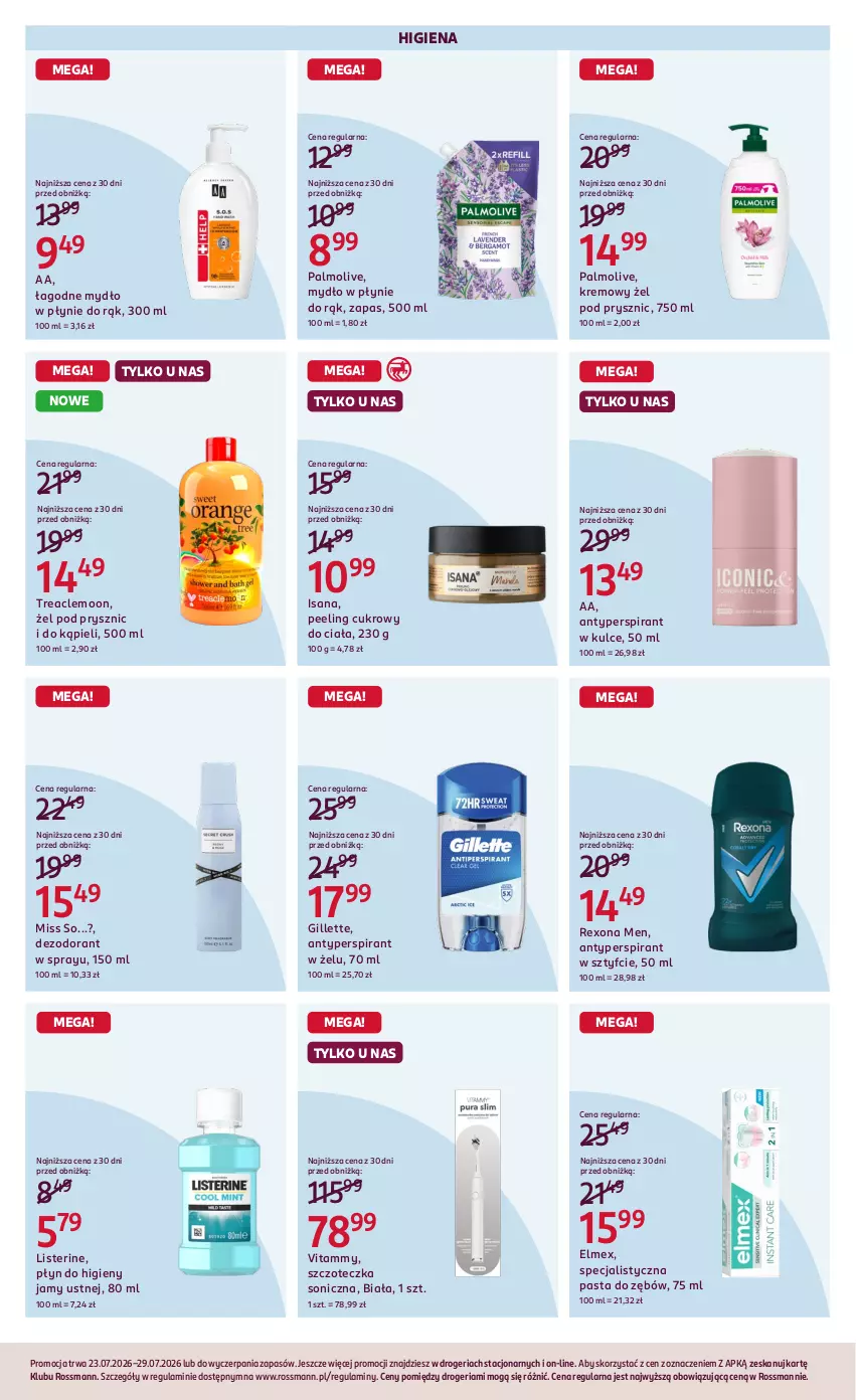 Gazetka promocyjna Rossmann - Gazetka promocyjna Rossmanna - ważna 23.07 do 28.07.2026 - strona 3 - produkty: Antyperspirant, Dezodorant, Elmex, Gillette, Isana, Listerine, Mydło, Mydło w płynie, Palmolive, Pasta do zębów, Peeling, Rexona, Szczoteczka, Szczoteczka soniczna