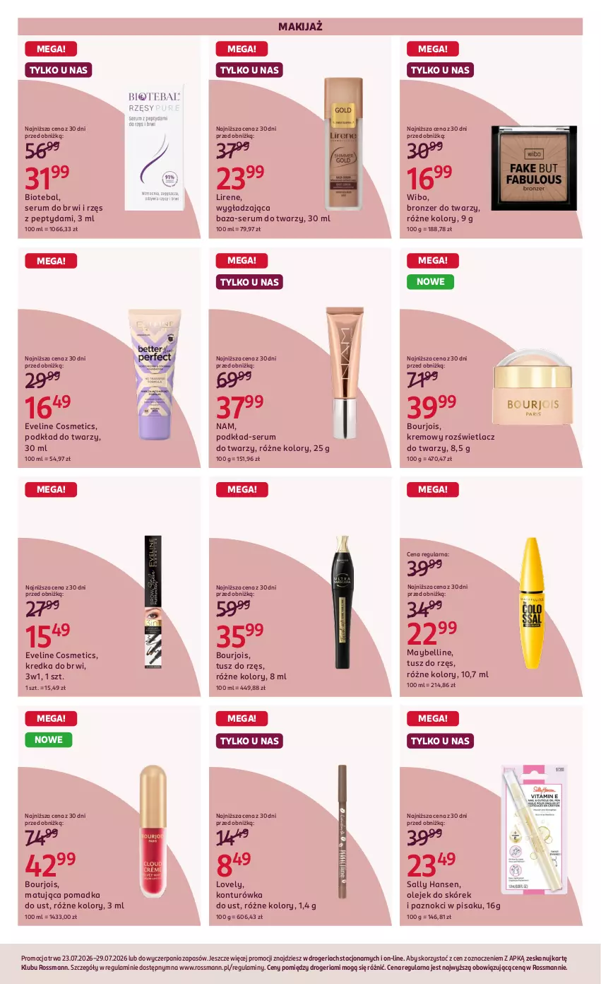 Gazetka promocyjna Rossmann - Gazetka promocyjna Rossmanna - ważna 23.07 do 28.07.2026 - strona 5 - produkty: Bell, BIOTEBAL, Bourjois, Bronzer, Eveline, Konturówka do ust, Kredka, Kredka do brwi, Lirene, Lovely, Makijaż, Maybelline, Olej, Podkład, Podkład do twarzy, Rozświetlacz, Rum, Sally Hansen, Ser, Serum, Serum do twarzy, Tusz, Wibo