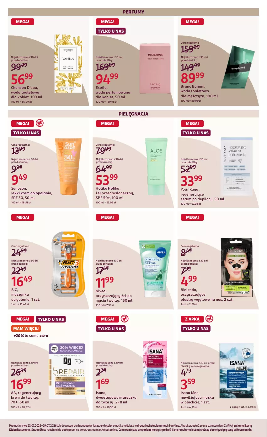 Gazetka promocyjna Rossmann - Gazetka promocyjna Rossmanna - ważna 23.07 do 28.07.2026 - strona 6 - produkty: BIC, Bielenda, Bruno Banani, Chanson d’eau, Holika Holika, Isana, Krem do twarzy, Maska, Maska w płachcie, Maszynka, Maszynka do golenia, Nivea, Perfum, Rum, Ser, Serum, Szynka, Woda, Woda perfumowana, Woda toaletowa