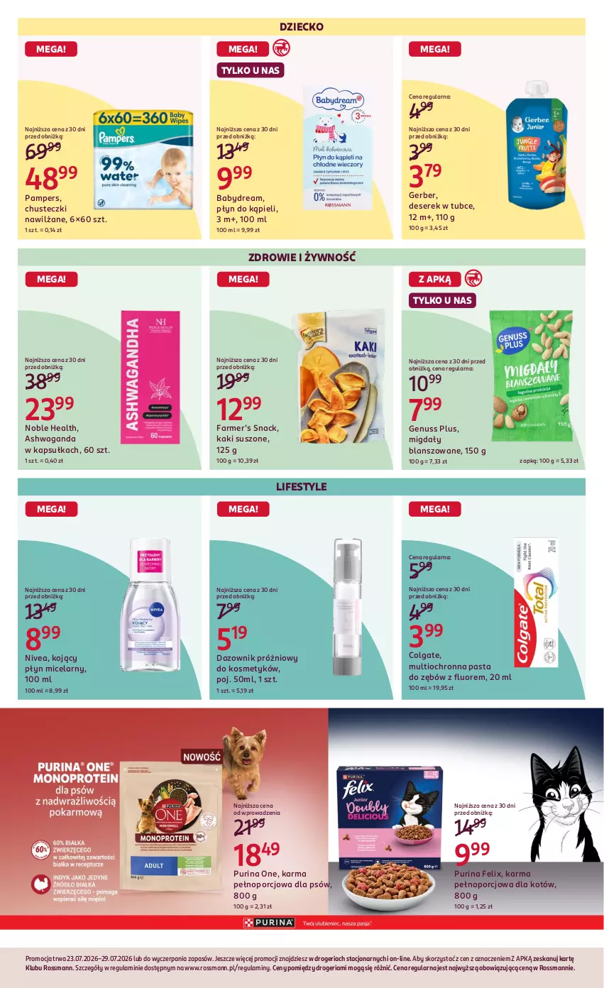 Gazetka promocyjna Rossmann - Gazetka promocyjna Rossmanna - ważna 23.07 do 28.07.2026 - strona 8 - produkty: Babydream, Chusteczki, Colgate, Deser, Dozownik, Fa, Felix, Genuss Plus, Gerber, Kaki, LG, Migdały, Nivea, Pampers, Pasta do zębów, Płyn do kąpieli, Płyn micelarny, Por, Pur, Purina, Ser, Serek, Waga, Zdrowie