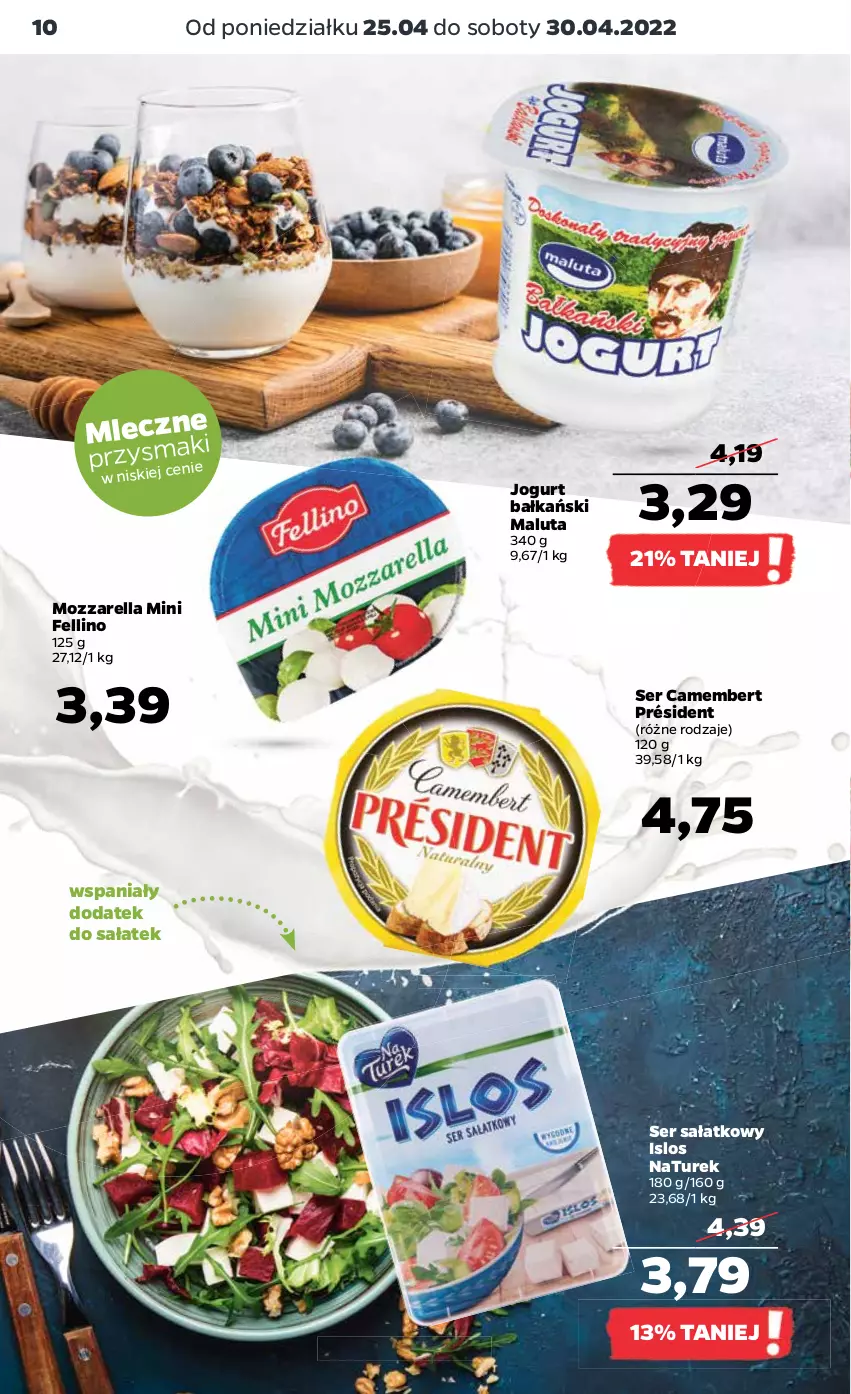 Gazetka promocyjna Netto - Gazetka spożywcza - ważna 25.04 do 30.04.2022 - strona 10 - produkty: Camembert, Jogurt, Mozzarella, NaTurek, Président, Sałat, Ser
