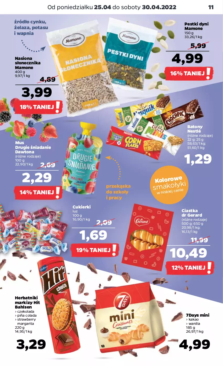 Gazetka promocyjna Netto - Gazetka spożywcza - ważna 25.04 do 30.04.2022 - strona 11 - produkty: Baton, Ciastka, Cukier, Cukierki, Cynk, Czekolada, Dawtona, Dr Gerard, Herbatniki, Kakao, Mus, Nestlé, Pestki dyni, Piña Colada