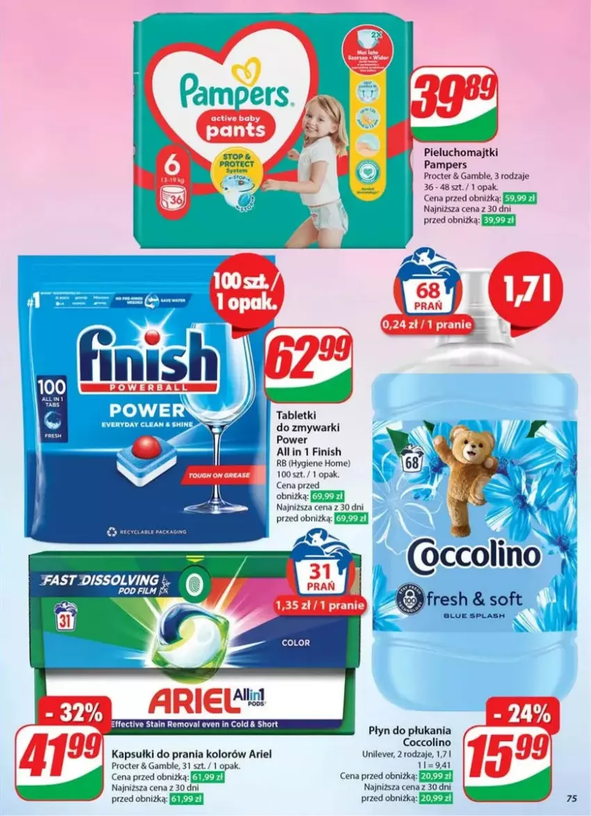 Gazetka promocyjna Dino - ważna 26.02 do 04.03.2025 - strona 73 - produkty: Ariel, Coccolino, Fa, Finish, Kapsułki do prania, Majtki, Pampers, Pieluchomajtki, Płyn do płukania, Tablet, Top, Zmywarki