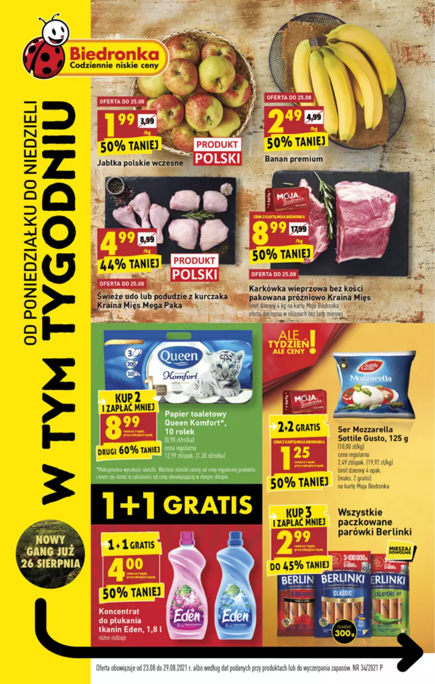 Gazetka promocyjna Biedronka - W tym tygodniu - ważna 23.08 do 29.08.2021 - strona 1 - produkty: Berlinki, Gra, Karkówka wieprzowa, Koc, Kurczak, Mozzarella, Papier, Papier toaletowy, Podudzie z kurczaka, Ser