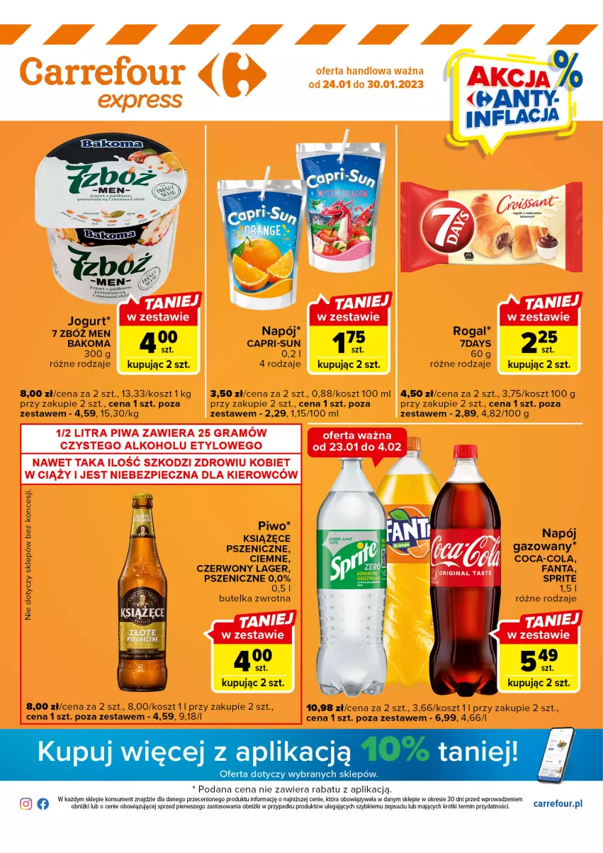 Gazetka promocyjna Carrefour - Gazetka Express - ważna 24.01 do 30.01.2023 - strona 1 - produkty: Bakoma, Coca-Cola, Fa, Fanta, Jogurt, Kosz, Książęce, Piwo, Sprite