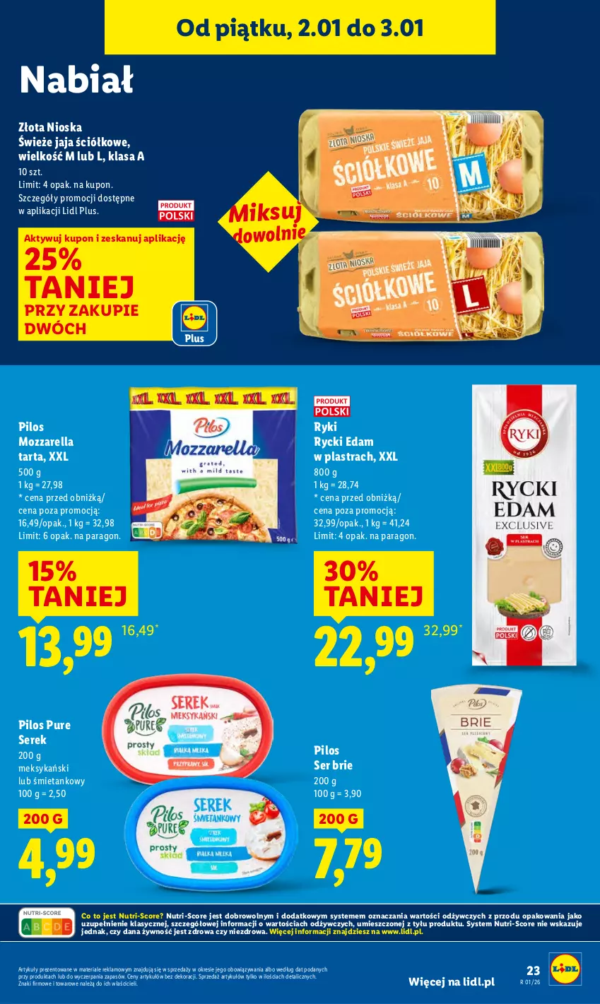 Gazetka promocyjna Lidl - GAZETKA - ważna 02.01 do 03.01.2026 - strona 25 - produkty: Brie, Edam, Jaja, Mozzarella, Pilos, Pur, Rycki Edam, Ser, Serek, Tarta