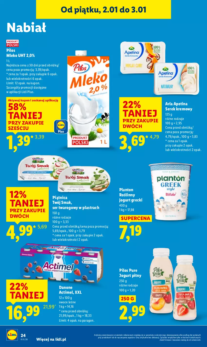 Gazetka promocyjna Lidl - GAZETKA - ważna 02.01 do 03.01.2026 - strona 26 - produkty: Actimel, Danone, Jogurt, Jogurt pitny, Mleko, Owoce, Piątnica, Pilos, Pur, Ser, Ser twarogowy, Serek, Twój Smak