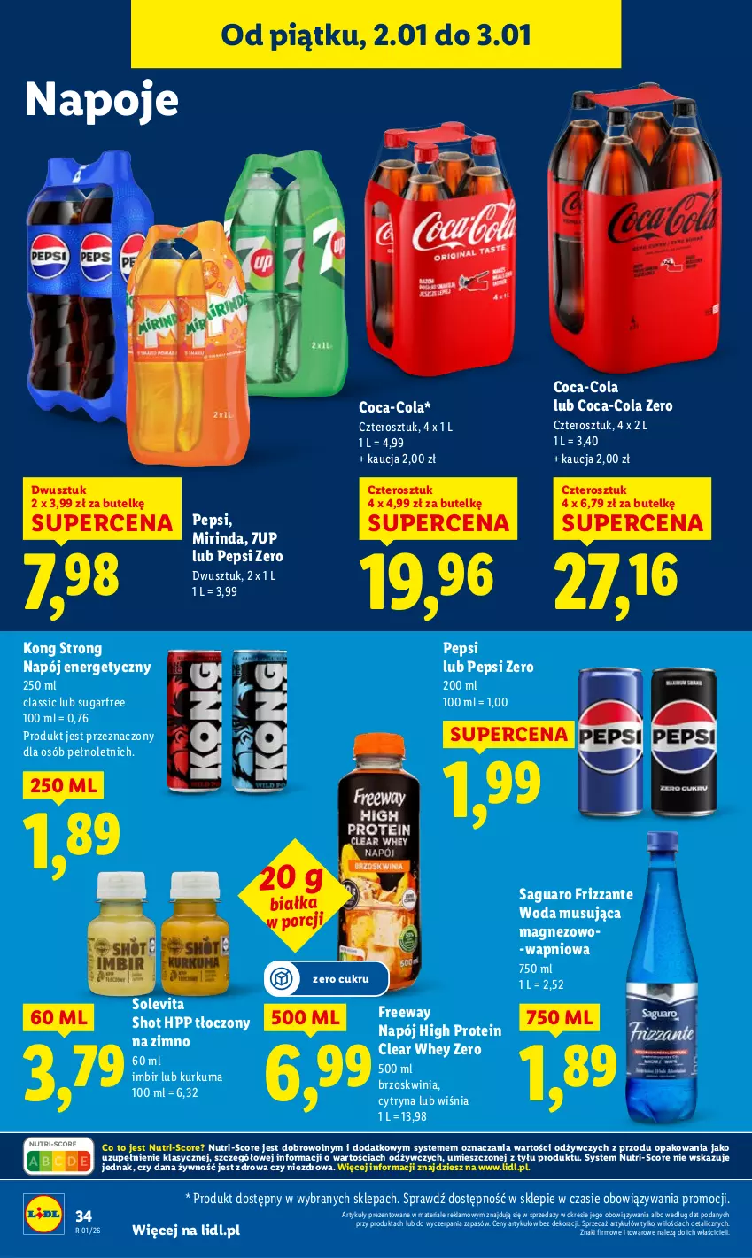 Gazetka promocyjna Lidl - GAZETKA - ważna 02.01 do 03.01.2026 - strona 36 - produkty: 7up, Coca-Cola, HP, Imbir, Kurkuma, Magnez, Mirinda, Mus, Napój, Napój energetyczny, Napoje, Pepsi, Por, Woda