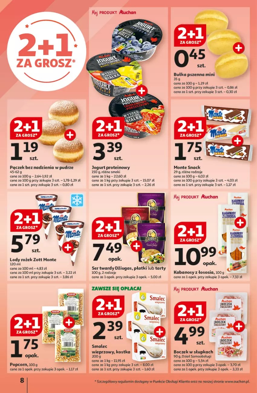 Gazetka promocyjna Auchan - Hipermarket - ważna 01.08 do 07.08.2024 - strona 10 - produkty: Boczek, Bułka, Jogurt, Kabanos, Lody, Monte, Pączek, Popcorn, Ser, Smalec, Sos, Zott