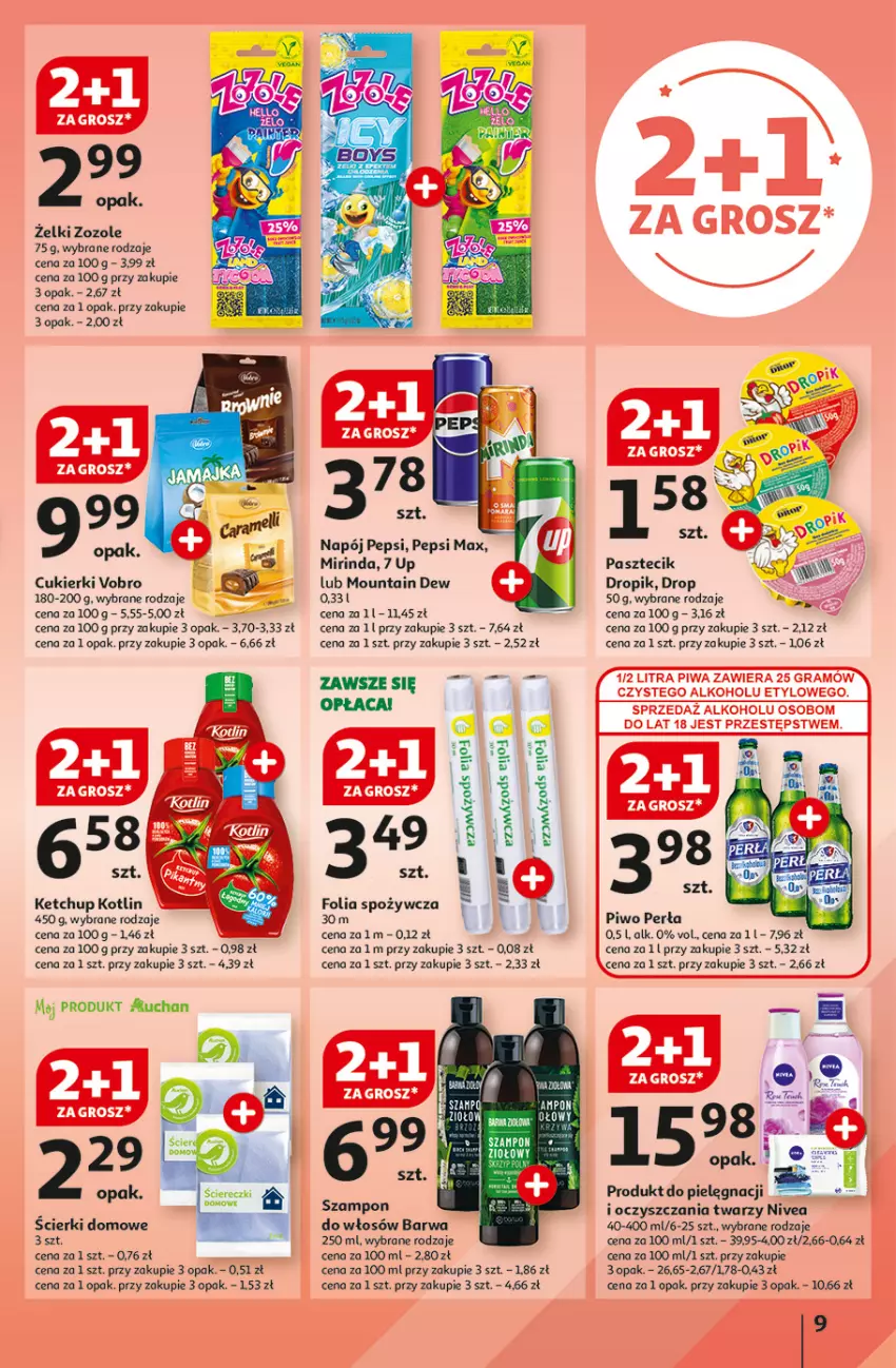 Gazetka promocyjna Auchan - Hipermarket - ważna 01.08 do 07.08.2024 - strona 11 - produkty: Cukier, Cukierki, Gra, Ketchup, Kotlin, Mirinda, Napój, Nivea, Pepsi, Pepsi max, Perła, Piwa, Piwo, Szampon