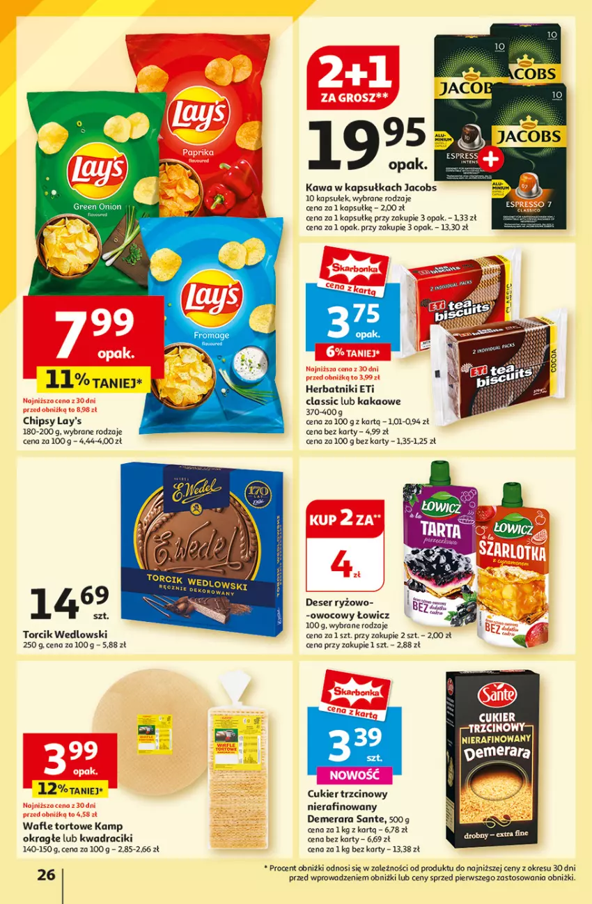 Gazetka promocyjna Auchan - Hipermarket - ważna 01.08 do 07.08.2024 - strona 28 - produkty: Chipsy, Cukier, Cukier trzcinowy, Deser, Herbatniki, Jacobs, Kakao, Kawa, Ryż, Sante, Ser, Wafle, Wafle tortowe