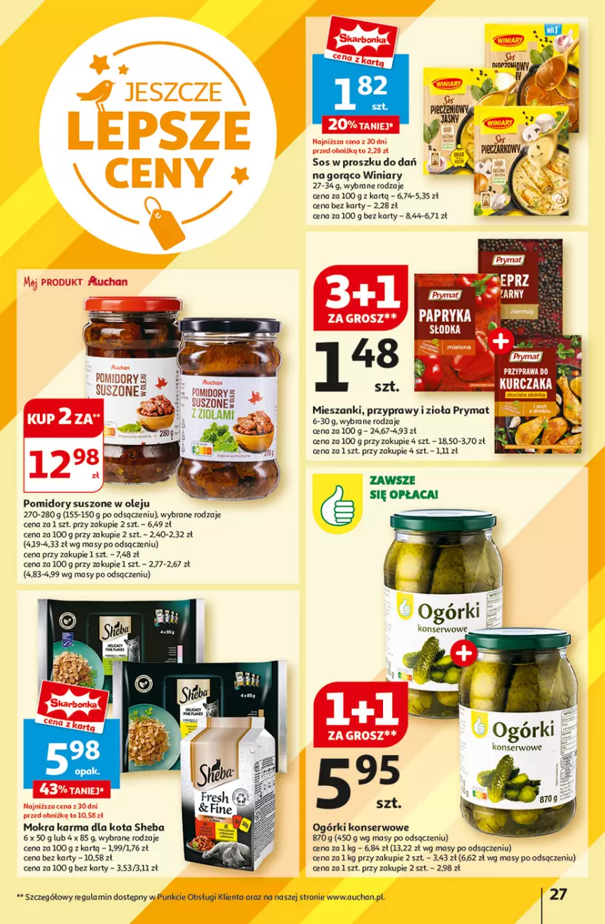 Gazetka promocyjna Auchan - Hipermarket - ważna 01.08 do 07.08.2024 - strona 29 - produkty: Mokra karma, Ogórki konserwowe, Olej, Pomidory, Prymat, Przyprawy, Przyprawy i zioła, Ser, Sheba, Sos, Winiary