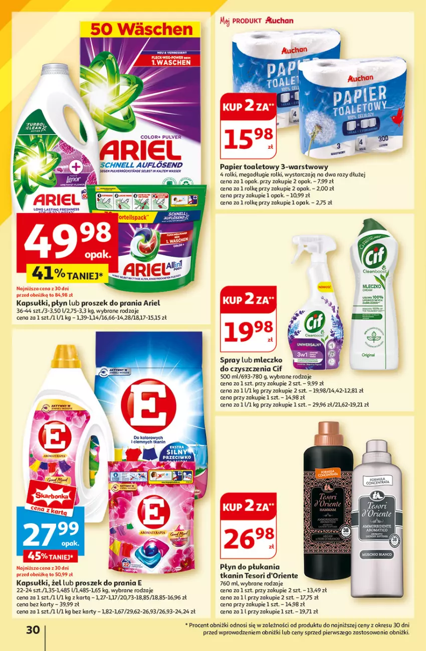 Gazetka promocyjna Auchan - Hipermarket - ważna 01.08 do 07.08.2024 - strona 32 - produkty: Ariel, Cif, Gin, Mleczko, Papier, Papier toaletowy, Płyn do płukania, Proszek do prania, Rolki