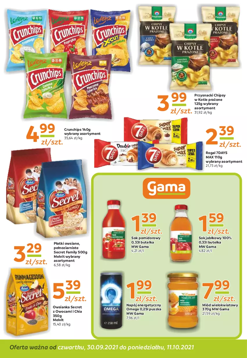 Gazetka promocyjna Gama - Gazetka Gama - ważna 30.09 do 11.10.2021 - strona 6 - produkty: Chia, Chipsy, Crunchips, Fa, Melvit, Miód, Napój, Napój energetyczny, Owsianka, Płatki owsiane, Przysnacki, Rogal, Sok, Sok jabłkowy, Sok pomidorowy