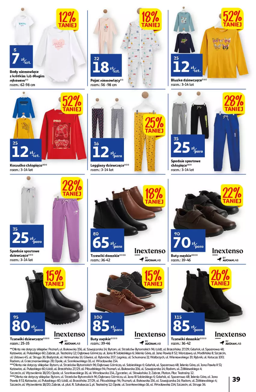 Gazetka promocyjna Auchan - Gazetka Rewelacyjnie małe ceny Auchan Hipermarket - ważna 03.01 do 11.01.2023 - strona 39 - produkty: Acer, Body, Buty, Cars, Gin, Humana, Kosz, Koszulka, Legginsy, Pajac, Por, Sos, Spodnie, Spodnie sportowe, Sport