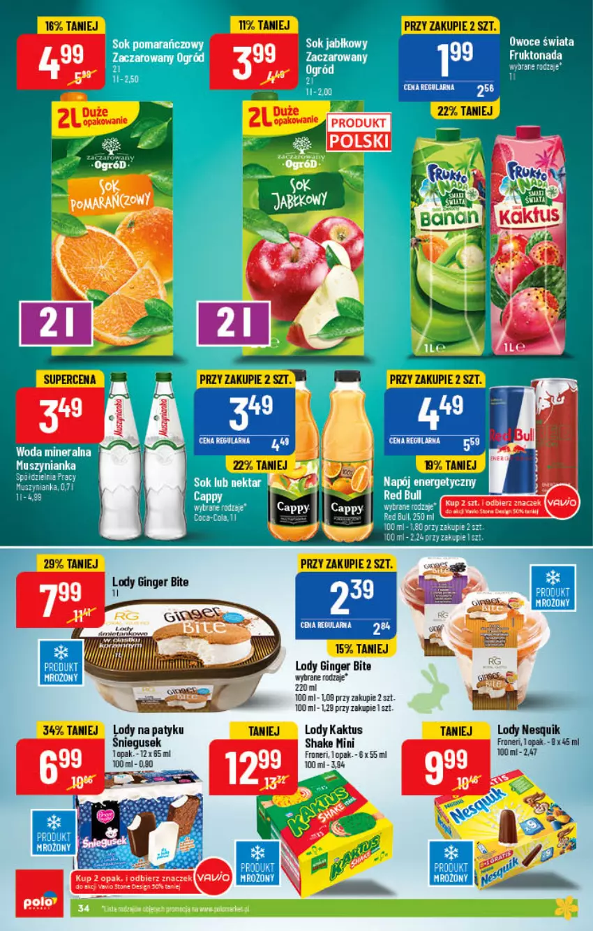 Gazetka promocyjna PoloMarket - Gazetka pomocyjna - ważna 13.04 do 19.04.2022 - strona 34 - produkty: Coca-Cola, Gin, Kaktus, Lody, Mus, Muszynianka, Napój, Napój energetyczny, Nesquik, Ogród, Owoce, Red Bull, Sok, Sok jabłkowy, Sok pomarańczowy, Woda, Woda mineralna