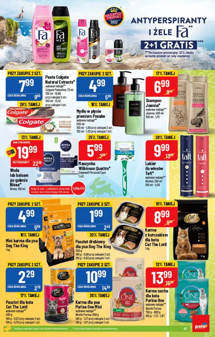 Gazetka promocyjna PoloMarket - Gazetka pomocyjna - ważna 13.04 do 19.04.2022 - strona 47 - produkty: Antyperspirant, Colgate, Joanna, Kurczak, Lakier, Lakier do włosów, LG, Maszynka, Mydło, Mydło w płynie, Nivea, Palmolive, Pasztet, Pur, Purina, Szampon, Szynka, Taft, Woda