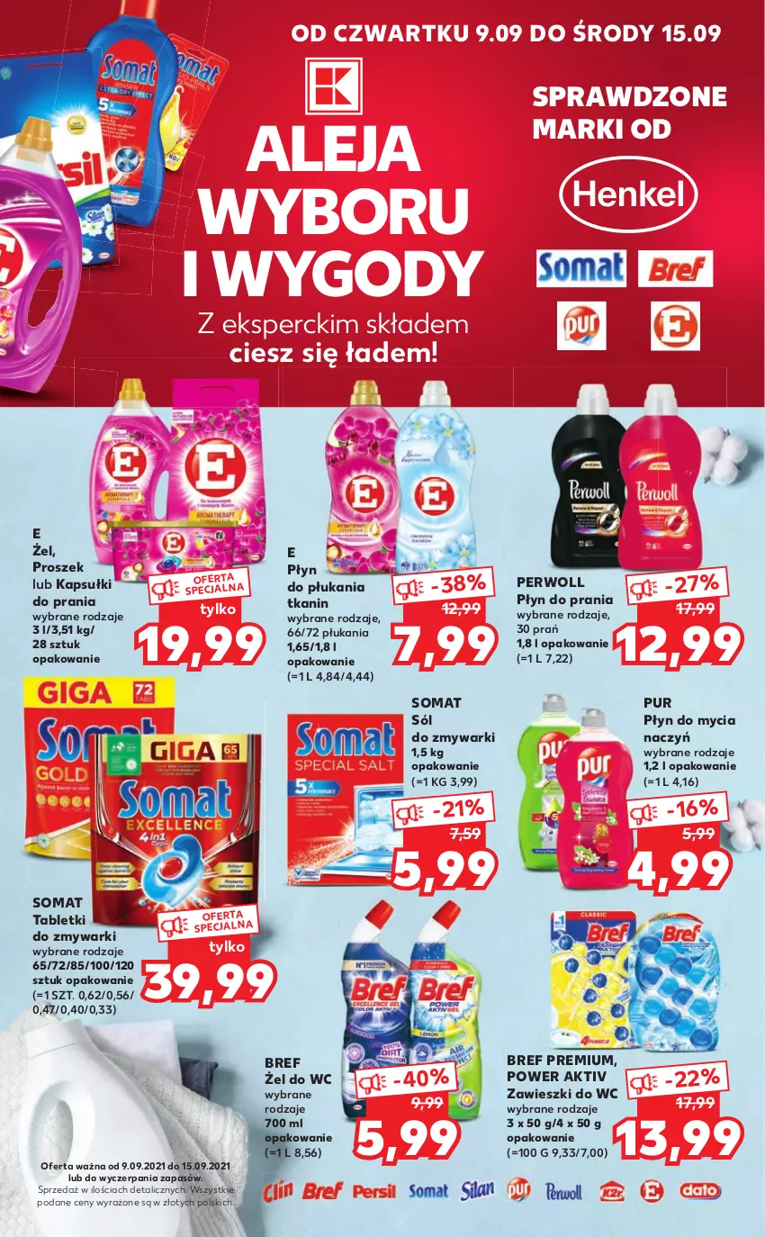 Gazetka promocyjna Kaufland - Oferta specjalna - ważna 09.09 do 15.09.2021 - strona 1 - produkty: Bref, Do mycia naczyń, Kapsułki do prania, Perwoll, Płyn do mycia, Płyn do mycia naczyń, Płyn do płukania, Płyn do prania, Pur, Sól, Somat, Tablet, Tabletki do zmywarki, Zawieszki, Zmywarki