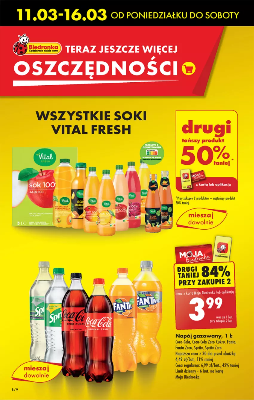 Gazetka promocyjna Biedronka - Od poniedzialku - ważna 11.03 do 16.03.2024 - strona 8 - produkty: Coca-Cola, Fa, Fanta, Napój, Napój gazowany, Sok, Sprite, Tera