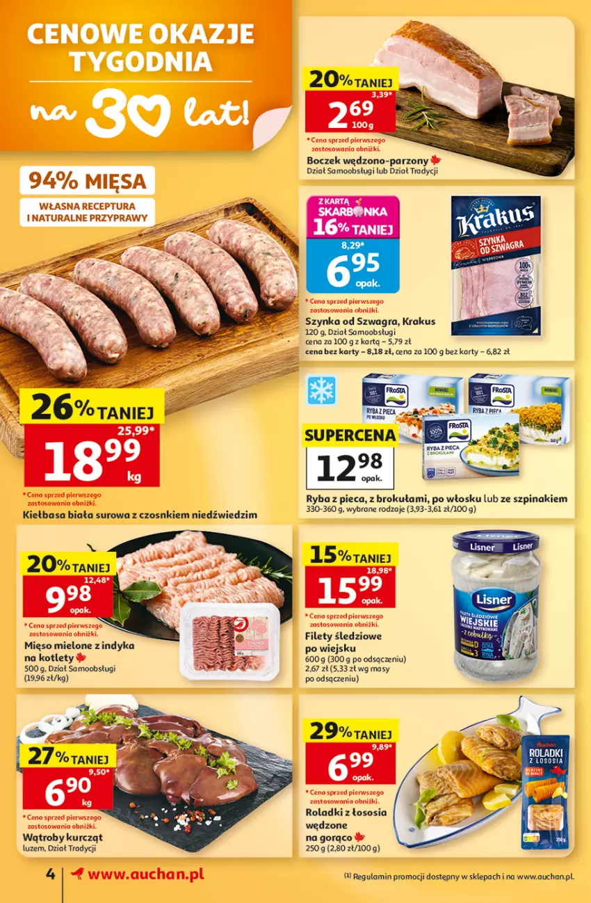 Gazetka promocyjna Auchan - 30 Lat Supermarket - ważna 15.10 do 21.10.2026 - strona 4 - produkty: Boczek, Gra, Kiełbasa, Kiełbasa biała, Kotlet, Krakus, Piec, Przyprawy, Ryba, Sos, Szpinak, Szynka