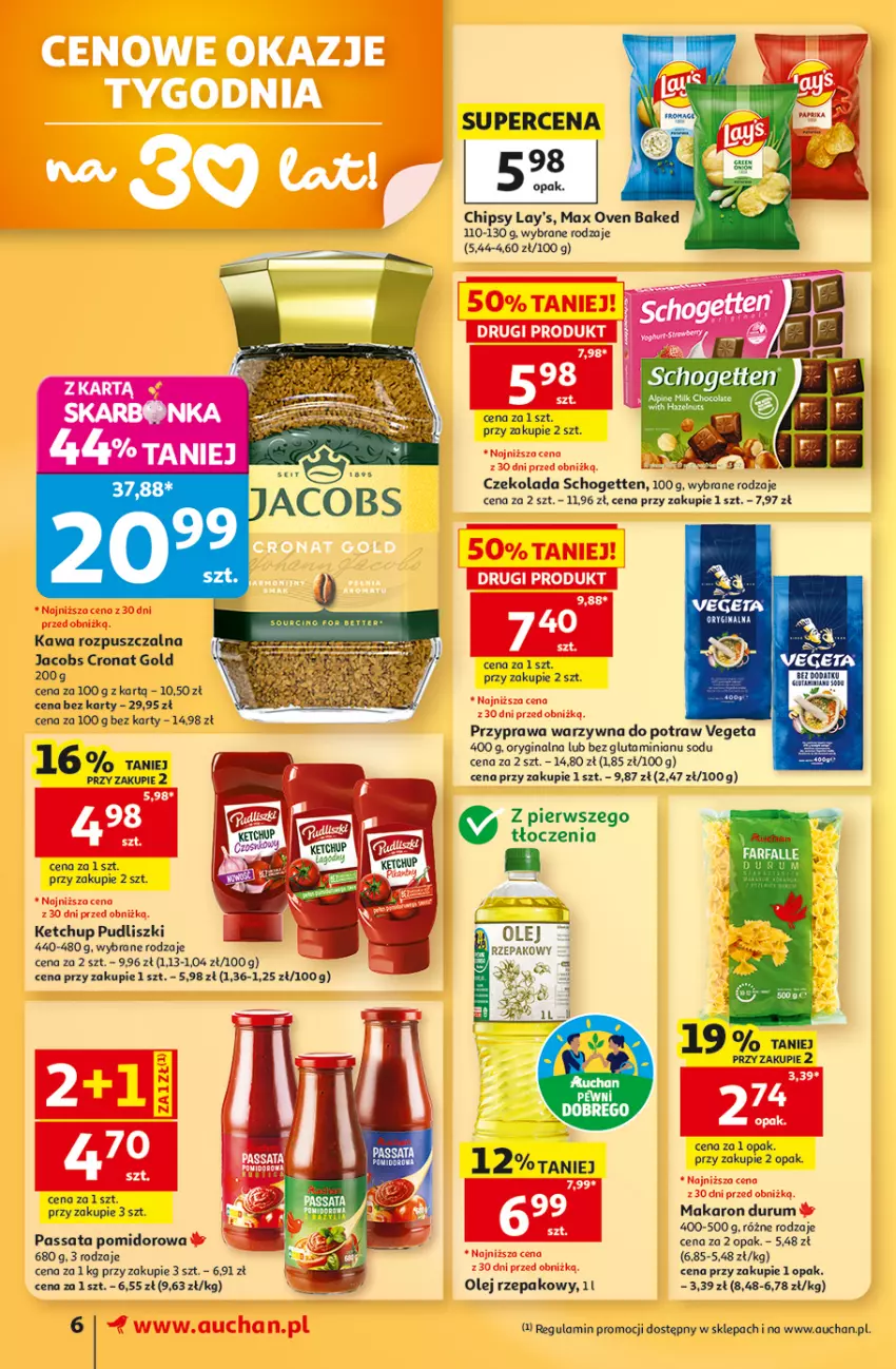 Gazetka promocyjna Auchan - 30 Lat Supermarket - ważna 15.10 do 21.10.2026 - strona 6 - produkty: Czekolada, Fa, Gin, Kawa, Kawa rozpuszczalna, Ketchup, Makaron, Olej, Olej rzepakowy, Przyprawa warzywna do potraw, Pudliszki, Rum, Vegeta