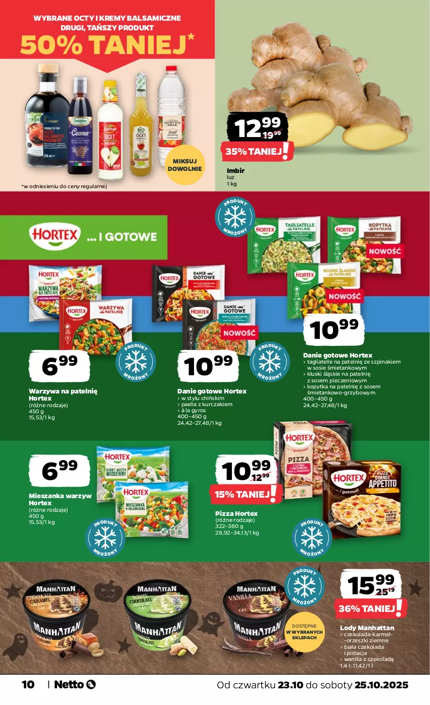 Gazetka promocyjna Netto - Od Czwartku - ważna 23.10 do 25.10.2025 - strona 10 - produkty: Czekolada, Danie gotowe, Gyros, Hortex, Imbir, Kopytka, Kurczak, Lody, Mieszanka warzyw, Orzeszki, Orzeszki ziemne, Piec, Pizza, Sos, Szpinak, Tagliatelle, Warzywa