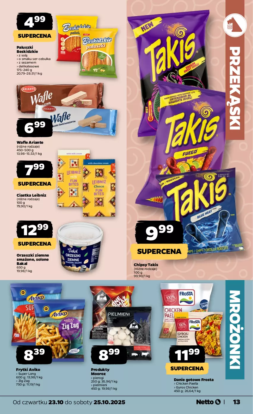 Gazetka promocyjna Netto - Od Czwartku - ważna 23.10 do 25.10.2025 - strona 13 - produkty: Beskidzki, Chipsy, Ciastka, Danie gotowe, Frosta, Frytki, Gyros, Orzeszki, Orzeszki ziemne, Pierogi, Ser, Sezam, Wafle