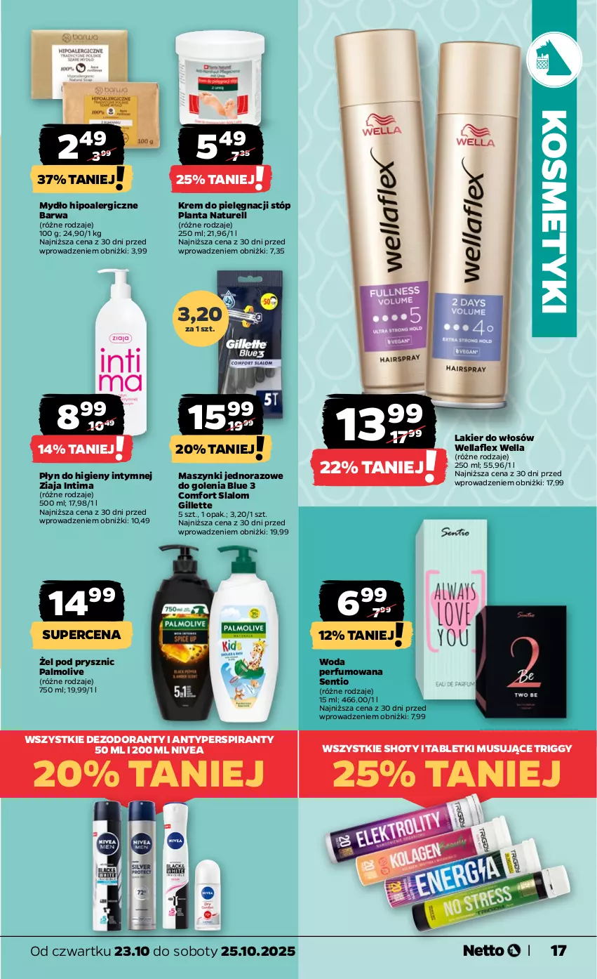 Gazetka promocyjna Netto - Od Czwartku - ważna 23.10 do 25.10.2025 - strona 17 - produkty: Antyperspirant, Dezodorant, Gillette, Lakier, Lakier do włosów, Mus, Mydło, Naturell, Nivea, Palmolive, Perfum, Płyn do higieny intymnej, Tablet, Tabletki musujące, Wella, Wellaflex, Woda, Woda perfumowana, Ziaja