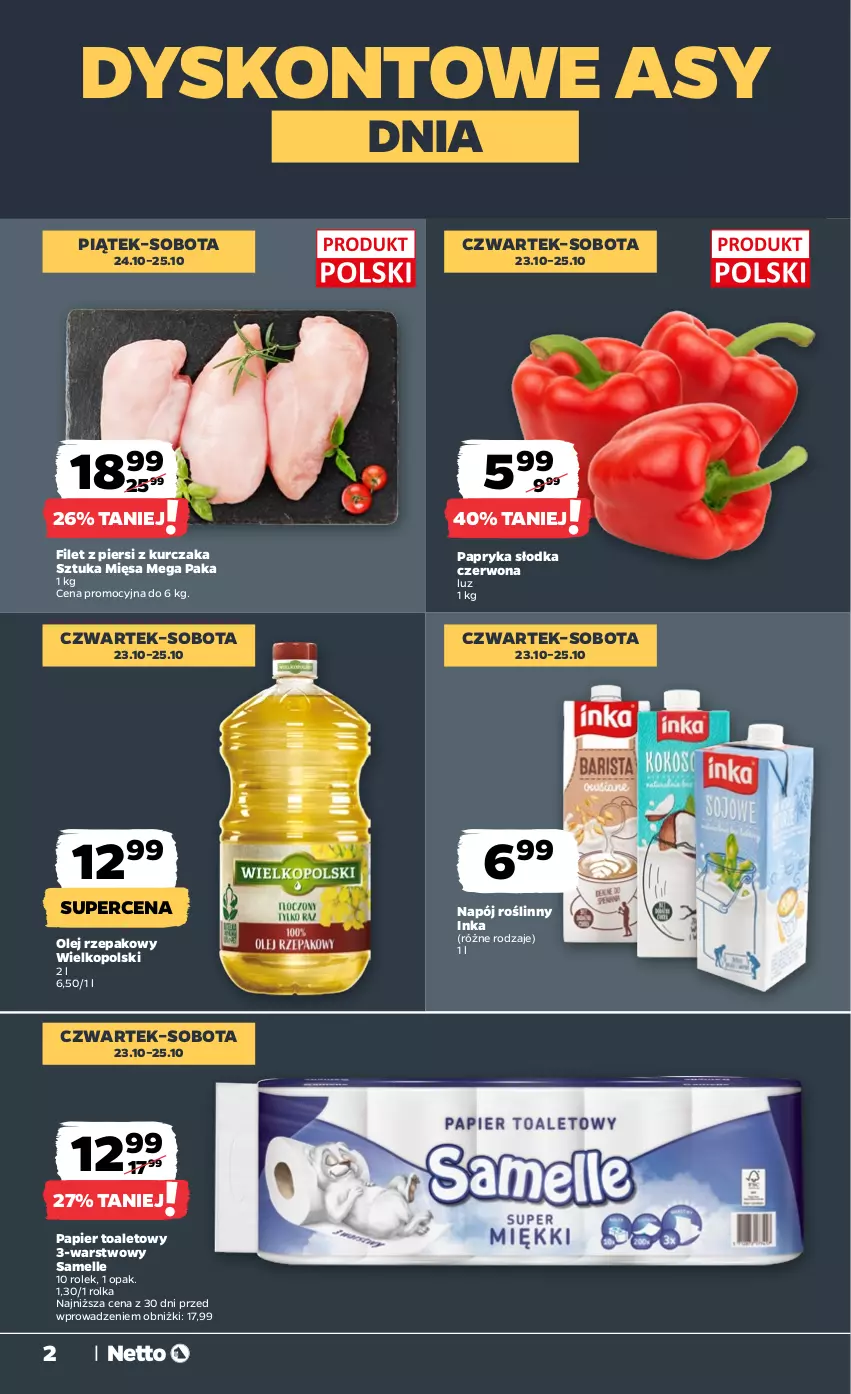 Gazetka promocyjna Netto - Od Czwartku - ważna 23.10 do 25.10.2025 - strona 2 - produkty: Inka, Kurczak, Napój, Napój roślinny, Olej, Olej rzepakowy, Papier, Papier toaletowy, Papryka, Papryka słodka