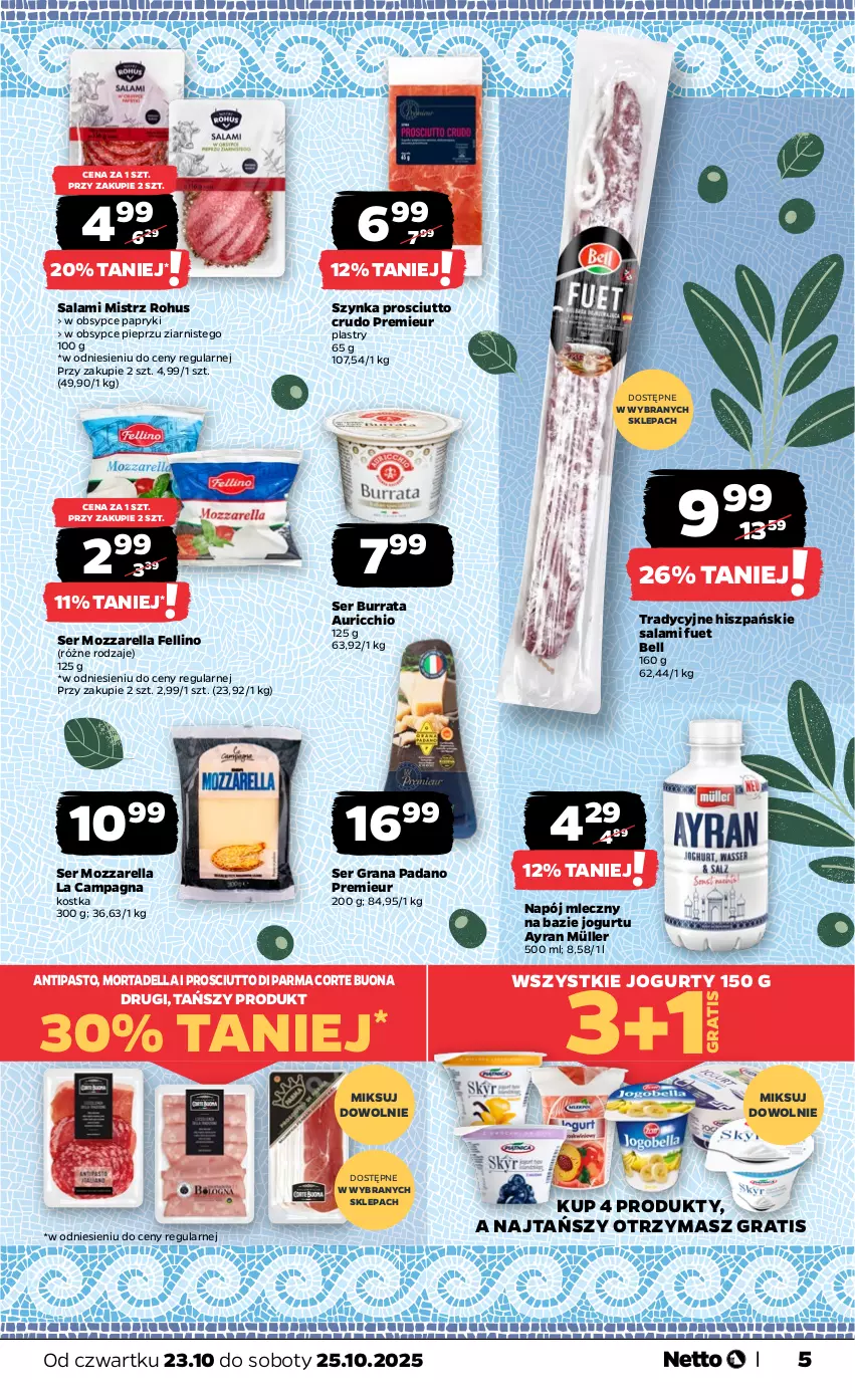 Gazetka promocyjna Netto - Od Czwartku - ważna 23.10 do 25.10.2025 - strona 5 - produkty: Bell, Burrata, Dell, Gra, Jogurt, Mortadella, Mozzarella, Müller, Napój, Napój mleczny, Pieprz, Prosciutto, Salami, Ser, Szynka