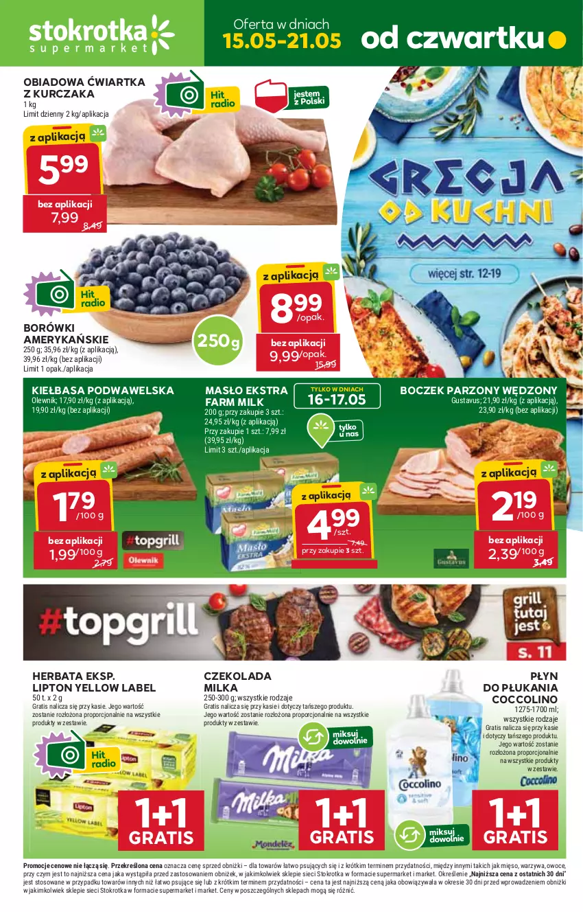 Gazetka promocyjna Stokrotka - Supermarket - ważna 15.05 do 21.05.2025 - strona 1 - produkty: Boczek, Coccolino, Czekolada, Fa, Farm Milk, Gra, Herbata, Kiełbasa, Kiełbasa podwawelska, Kurczak, Lipton, Masło, Mięso, Milka, Olewnik, Owoce, Płyn do płukania, Por, Warzywa, Wawel