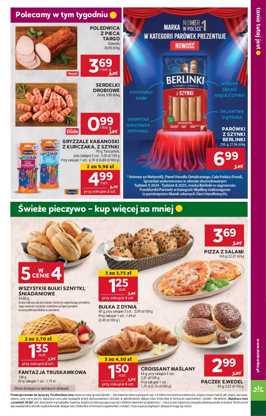 Gazetka promocyjna Stokrotka - Supermarket - ważna 15.05 do 21.05.2025 - strona 11 - produkty: Berlinki, Bułka, Croissant, Danio, Duda, Dynią, Fa, Fanta, Gra, Gry, Kabanos, Kurczak, Mięso, Olewnik, Owoce, Pączek, Parówki, Parówki z szynki, Piec, Pieczywo, Pizza, Polędwica, Por, Salami, Ser, Serdelki, Tarczyński, Warzywa