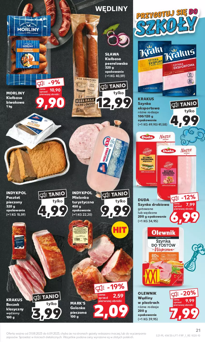 Gazetka promocyjna Kaufland - Gazetka tygodnia - ważna 31.08 do 06.09.2023 - strona 21 - produkty: Boczek, Duda, Golonka pieczona, Kiełbasa, Krakus, Morliny, Olewnik, Pasztet, Piec, Por, Sport, Szynka