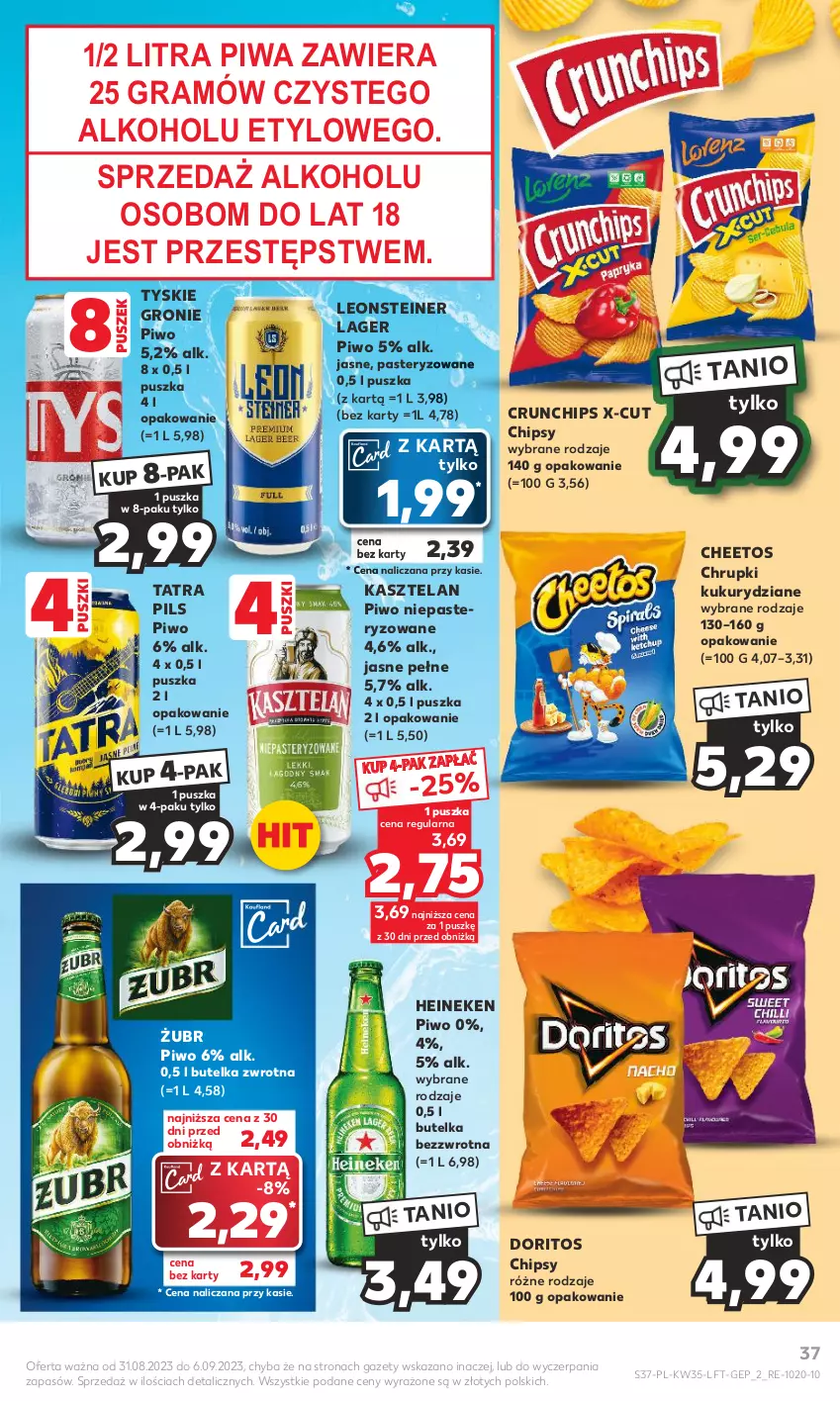 Gazetka promocyjna Kaufland - Gazetka tygodnia - ważna 31.08 do 06.09.2023 - strona 37 - produkty: Cheetos, Chipsy, Chrupki, Crunchips, Gra, Heineken, Kasztelan, Leon, Piwa, Piwo, Tatra, Tyskie