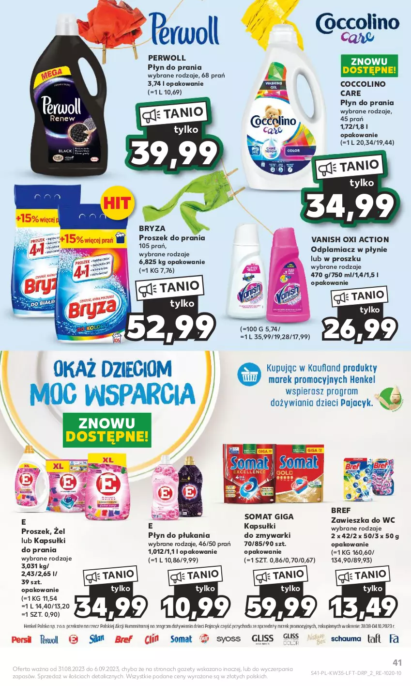 Gazetka promocyjna Kaufland - Gazetka tygodnia - ważna 31.08 do 06.09.2023 - strona 41 - produkty: Bref, Bryza, Coccolino, Kapsułki do prania, Odplamiacz, Perwoll, Płyn do płukania, Płyn do prania, Proszek do prania, Somat, Vanish, Zawieszka do wc, Zmywarki