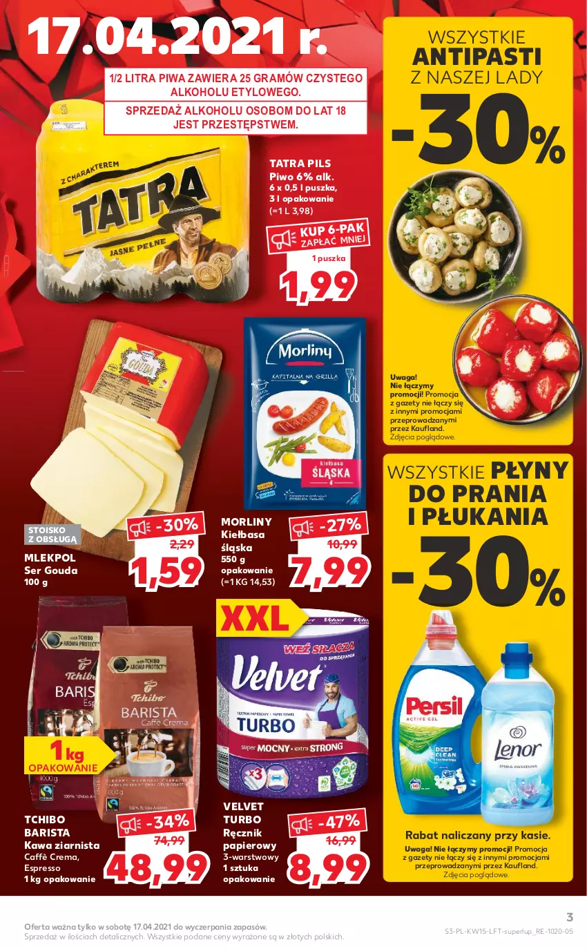 Gazetka promocyjna Kaufland - OFERTA TYGODNIA - ważna 15.04 do 21.04.2021 - strona 3 - produkty: Gouda, Gra, Kawa, Kawa ziarnista, Kiełbasa, Kiełbasa śląska, Morliny, Papier, Piwa, Piwo, Ręcznik, Ser, Tatra, Tchibo, Tchibo Barista, Velvet, Waga