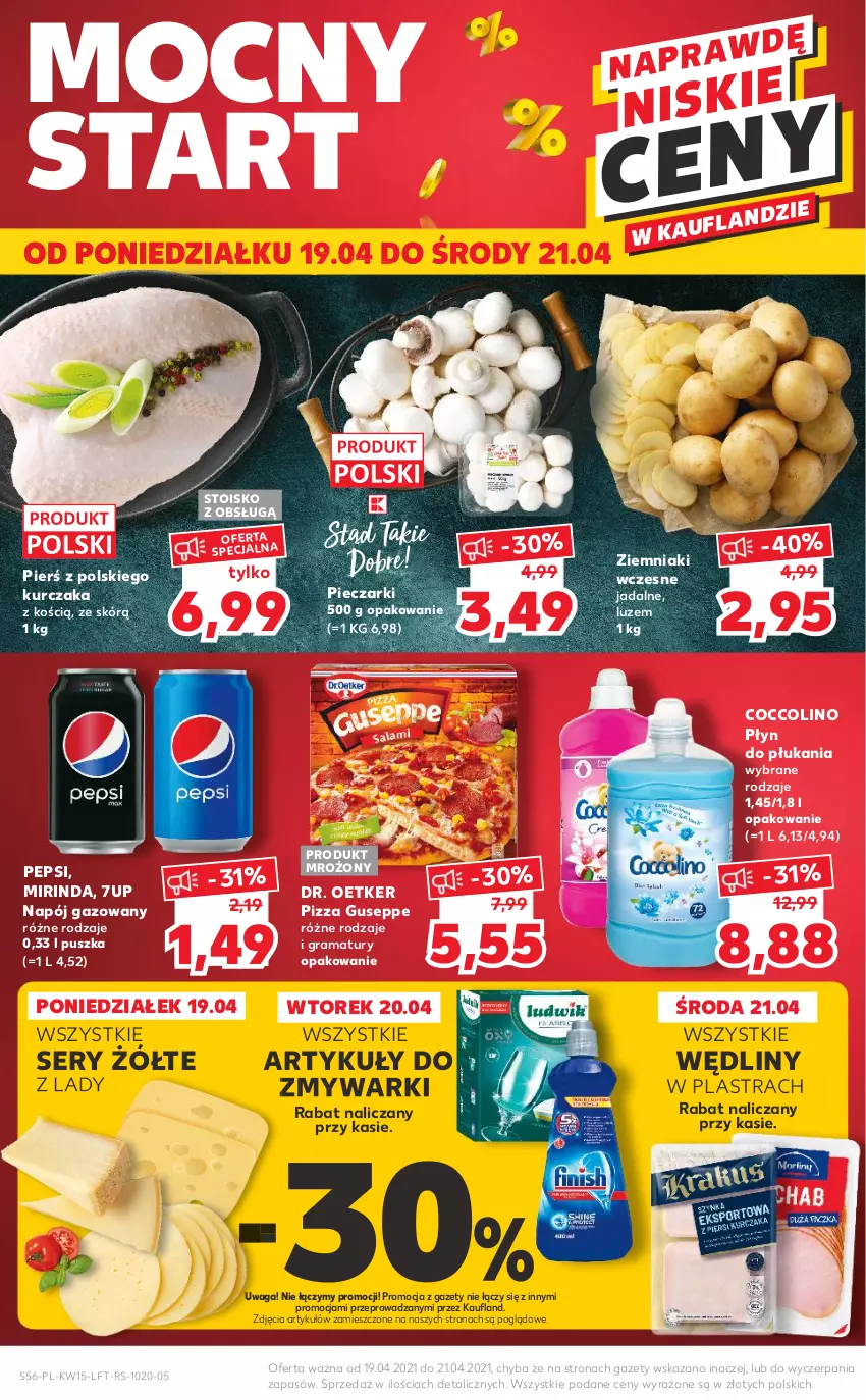 Gazetka promocyjna Kaufland - OFERTA TYGODNIA - ważna 15.04 do 21.04.2021 - strona 56 - produkty: 7up, Coccolino, Dr. Oetker, Gra, Kurczak, Mirinda, Napój, Napój gazowany, Pepsi, Piec, Pizza, Płyn do płukania, Rama, Ser, Waga, Ziemniaki, Zmywarki