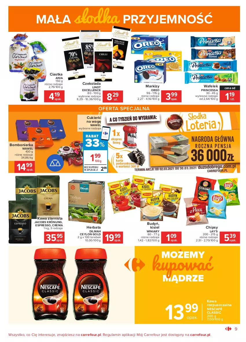 Gazetka promocyjna Carrefour - Gazetka Market - ważna 01.03 do 13.03.2021 - strona 9 - produkty: Budyń, Chipsy, Ciastka, Cukier, Cukierki, Czekolada, Dilmah, Herbata, Jacobs, Jacobs Krönung, Kawa, Kawa rozpuszczalna, Kawa ziarnista, Kisiel, Lay’s, Lindt, Nescafé, Oreo, Princessa, Wafelek, Wawel, Winiary