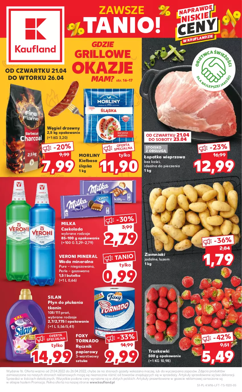 Gazetka promocyjna Kaufland - OFERTA TYGODNIA - ważna 21.04 do 26.04.2022 - strona 1 - produkty: Czekolada, Foxy, Grill, Kiełbasa, Kiełbasa śląska, Milka, Morliny, Papier, Piec, Płyn do płukania, Pur, Ręcznik, Silan, Truskawki, Węgiel drzewny, Woda, Woda mineralna, Ziemniaki