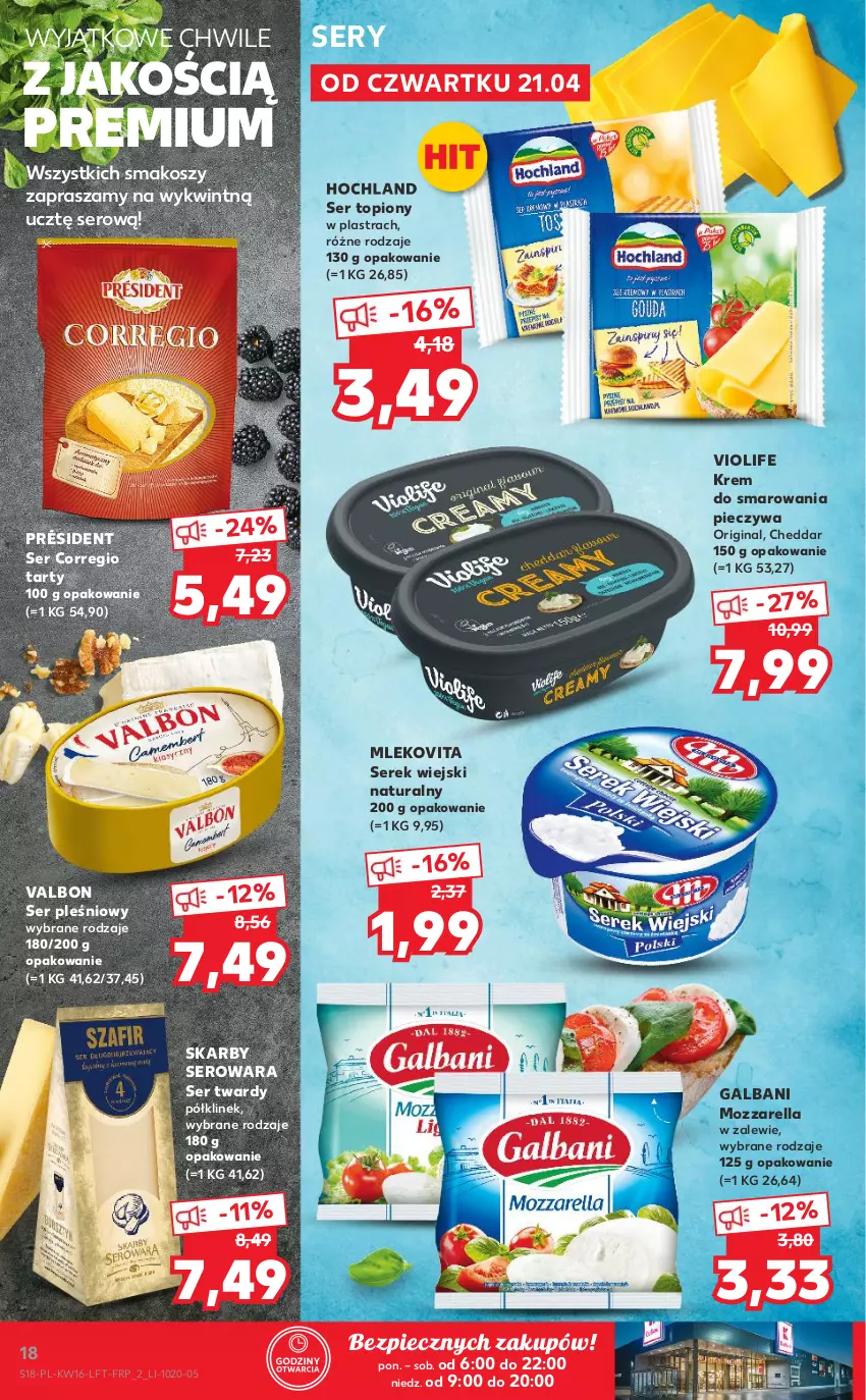 Gazetka promocyjna Kaufland - OFERTA TYGODNIA - ważna 21.04 do 26.04.2022 - strona 18 - produkty: Cheddar, Galbani, Gin, Hochland, Kosz, Krem do smarowania pieczywa, Mleko, Mlekovita, Mozzarella, Piec, Président, Ser, Ser pleśniowy, Ser topiony, Serek, Serek wiejski, Top