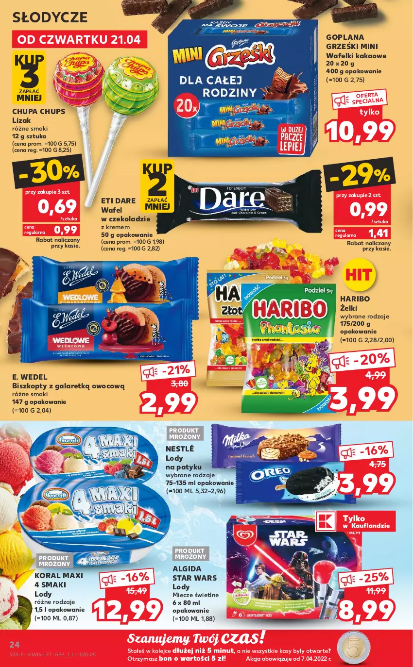 Gazetka promocyjna Kaufland - OFERTA TYGODNIA - ważna 21.04 do 26.04.2022 - strona 24 - produkty: Algida, Biszkopty, Chupa Chups, E. Wedel, Gala, Goplana, Grześki, Haribo, Kakao, LANA, LG, Lody, Miecz, Nestlé, Olej, Star Wars