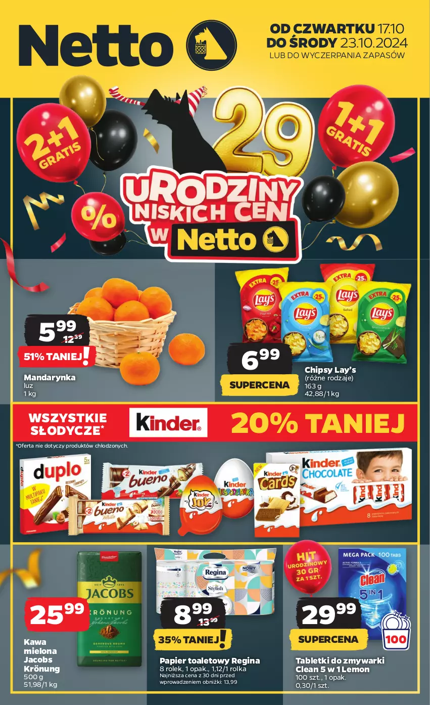 Gazetka promocyjna Netto - Netto Gazetka Food 42/24B - ważna 17.10 do 23.10.2024 - strona 1 - produkty: Chipsy, Gin, Jacobs, Jacobs Krönung, Kawa, Kawa mielona, Lay’s, Papier, Papier toaletowy, Tablet, Tabletki do zmywarki, Zmywarki