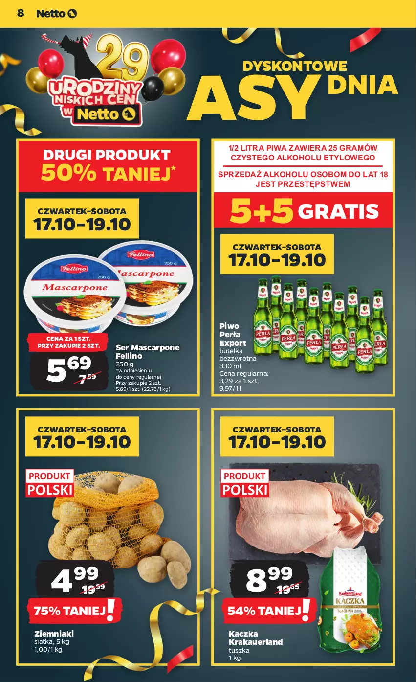 Gazetka promocyjna Netto - Netto Gazetka Food 42/24B - ważna 17.10 do 23.10.2024 - strona 8 - produkty: Gra, Kaczka, Mascarpone, Perła, Piwa, Piwo, Por, Ser, Siatka, Tusz, Ziemniaki