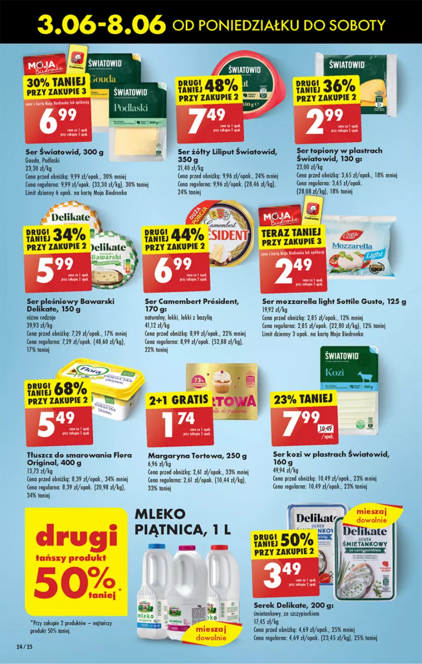 Gazetka promocyjna Biedronka - Od poniedzialku - ważna 03.06 do 08.06.2024 - strona 28 - produkty: Bazyl, Camembert, Flora, Gin, Gouda, Gra, Margaryna, Mleko, Mozzarella, Piątnica, Podlaski, Ser, Ser kozi, Ser topiony, Serek, Top