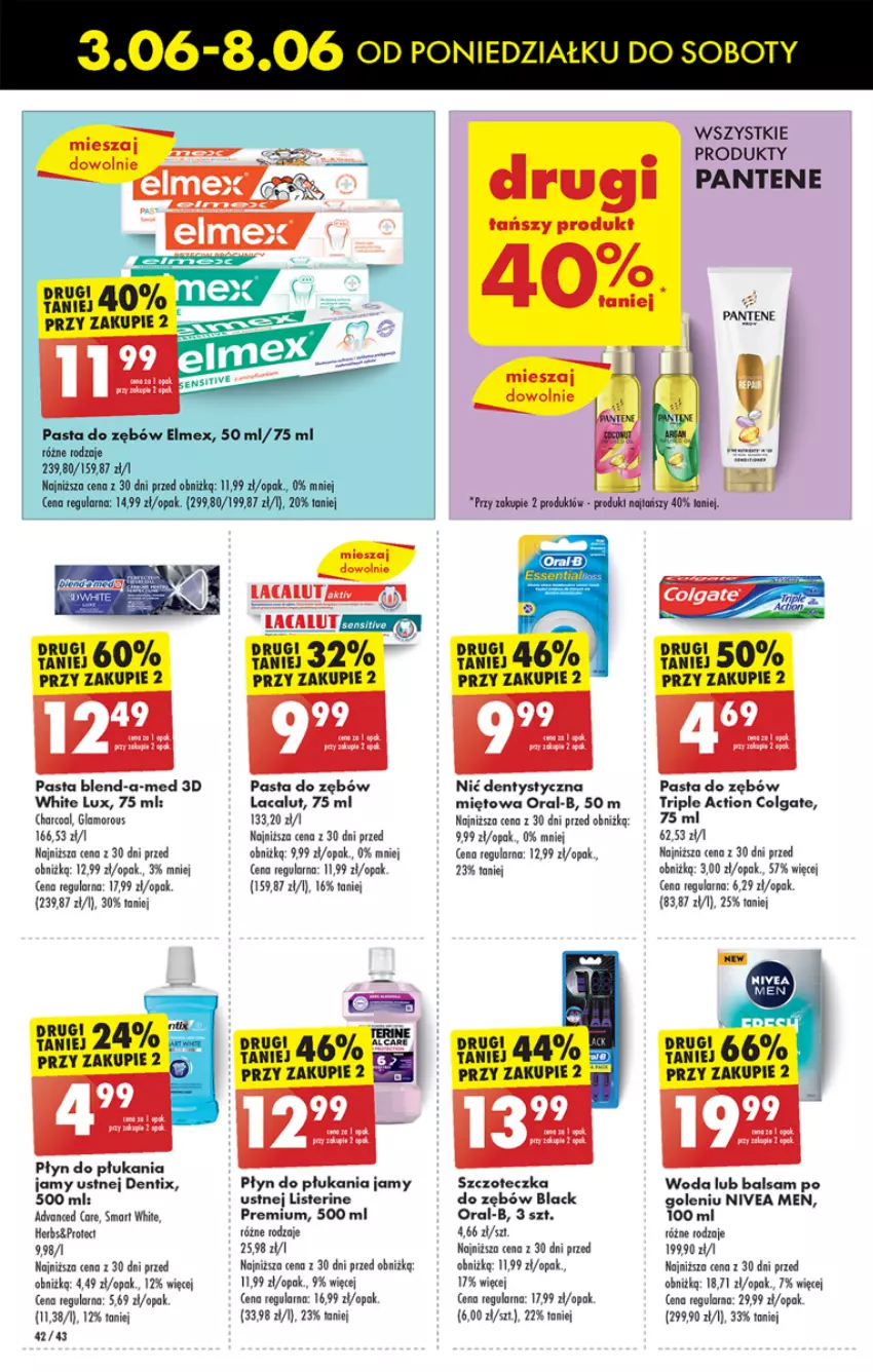 Gazetka promocyjna Biedronka - Od poniedzialku - ważna 03.06 do 08.06.2024 - strona 46 - produkty: Balsam po goleniu, Blend-a-Med, Brugi, Colgate, Elmex, Lacalut, Lack, LG, Listerine, Nić dentystyczna, Nivea, Nivea Men, Pantene, Pasta do zębów, Płyn do płukania, Płyn do płukania jamy ustnej, Szczoteczka, Szczoteczka do zębów, Woda