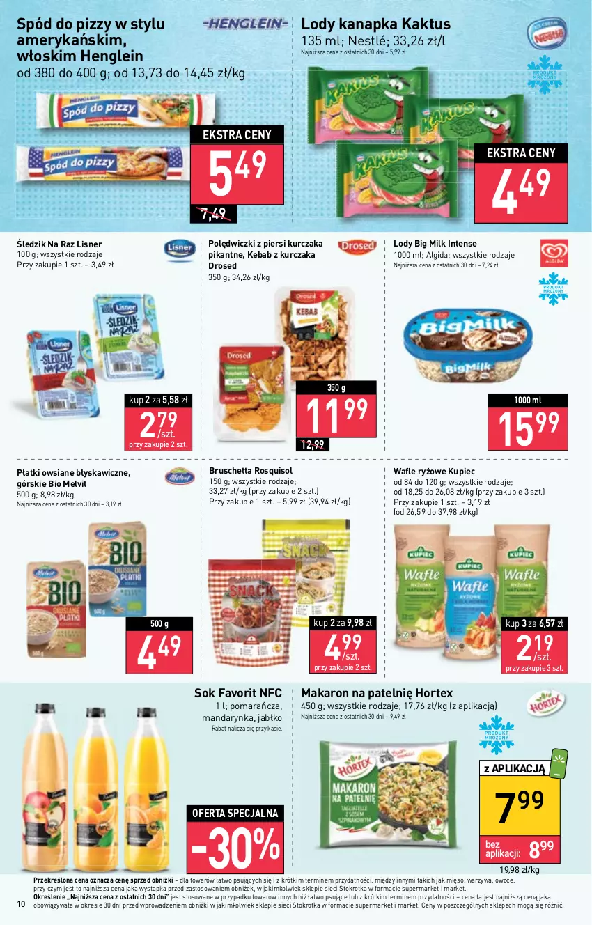 Gazetka promocyjna Stokrotka - Supermarket - ważna 13.04 do 19.04.2023 - strona 10 - produkty: Algida, Big Milk, Fa, Hortex, Kaktus, Kebab, Kebab z kurczaka, Kupiec, Kurczak, LG, Lisner, Lody, Makaron, Melvit, Mięso, Nestlé, Owoce, Piec, Płatki owsiane, Ryż, Sok, Spód do pizzy, Wafle, Warzywa